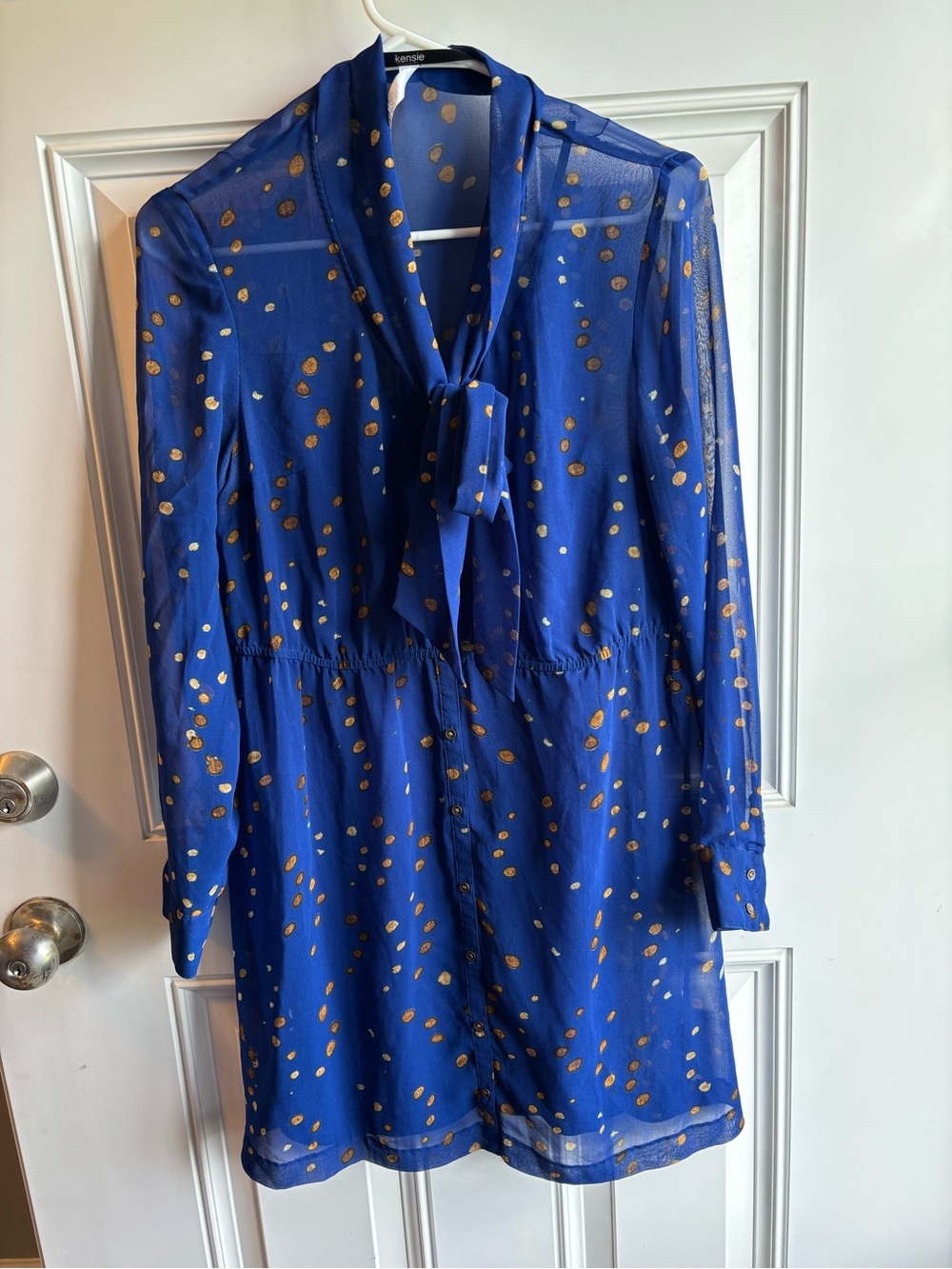 Kensie Cobalt Blue Long-Sleeve Tie-Neck Dress with Gold Dot Accents